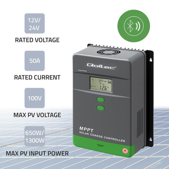Solarny regulator ładowania MPPT z czujnikiem temperatury 50A |  12V/24V | LCD | Bluetooth | APP | GEL | LiFePO4 