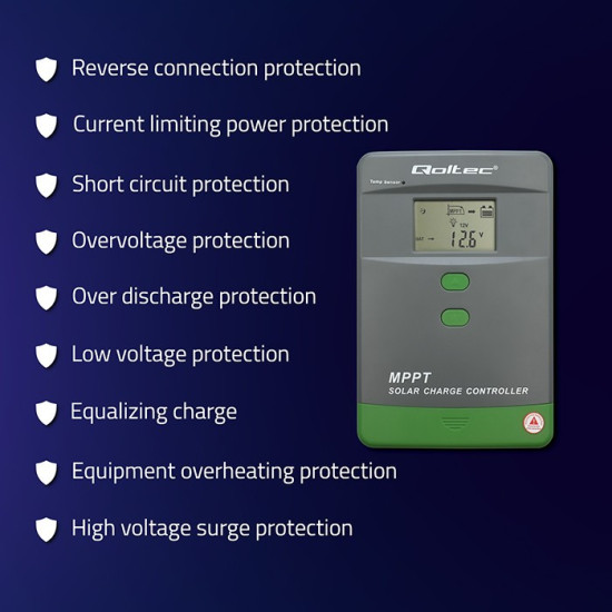 Solarny regulator ładowania MPPT z czujnikiem temperatury 50A |  12V/24V | LCD | Bluetooth | APP | GEL | LiFePO4 