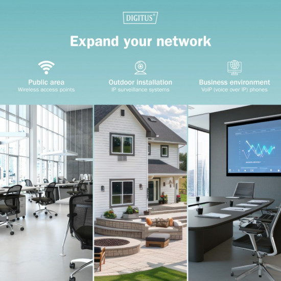 Zasilacz/Adapter PoE+ 802.3at aktywny max. 55V 30W 10/100/1000Mbps, transmisja do 100m