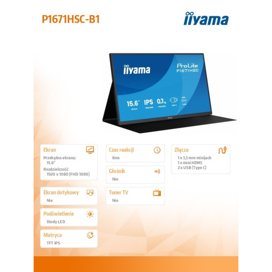 Monitor 15.6 cala P1671HSC-B1 IPS,FHD,miniHDMI,2xUSBC,250cd,8ms,2x1W,  0,7kg