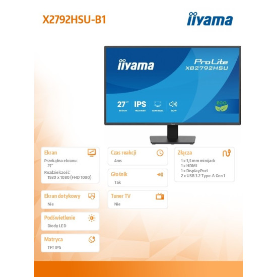 Monitor 27 cali X2792HSU-B1 IPS,FHD,HDMI,DP,120Hz,350cd,4ms,         cienkie ramki, 1500:1, ErP B, USB HUBx2