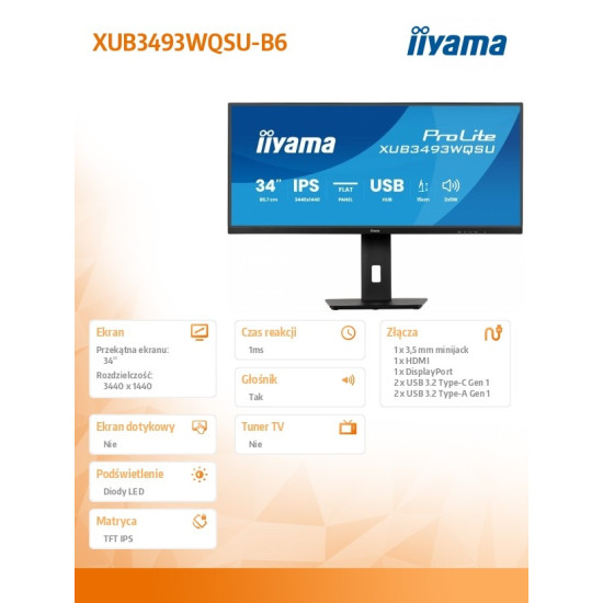 Monitor ProLite 34 cale XUB3493WQSU-B6 IPS,UWQHD,DP,2xHDMI,HAS,21:9,400cd,   120Hz,1000:1,1ms, USB HUBx4, 2x5W,