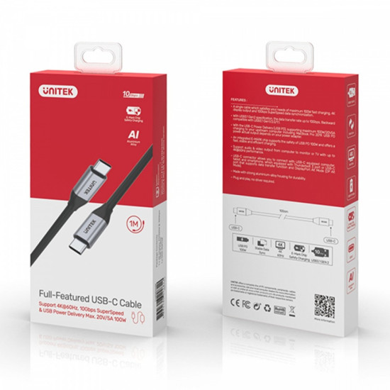 Kabel USB-C - USB-C PD, 10Gbps, 4K60Hz, 1m, M/M; C14082ABK 