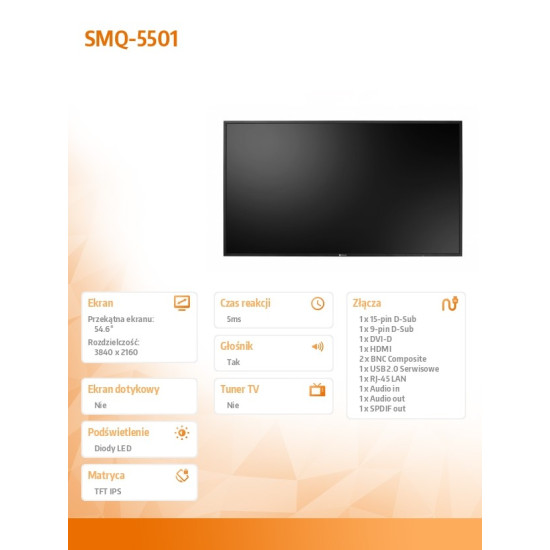 Monitor wielkoformatowy SMQ-5501 350cd/m2 12000:1 24/7 4K 
