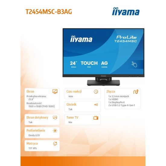 Monitor 24 cale T2454MSC-B3AG 10 PKT. POJ,IPS,HDMI,DP,300cd,FHD,2xUSB,2x2W, 