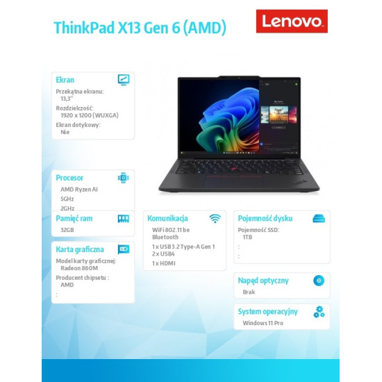 Ultrabook ThinkPad X13 G6 21RM001RPB W11Pro 7 PRO 350/32GB/1TB/INT/13.3 WUXGA/Black/3YRS Premier Support + CO2 Offset 