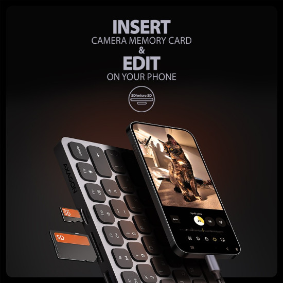 Klawiatura HMC-KB-CRL USB-C 5Gbps z wieloportowy hub 9in1, SD/microSD, 3x USB-A, HDMI 4K/60Hz, PD 100W, Audio, Cyrillic layout, 60cm USB-C kabel