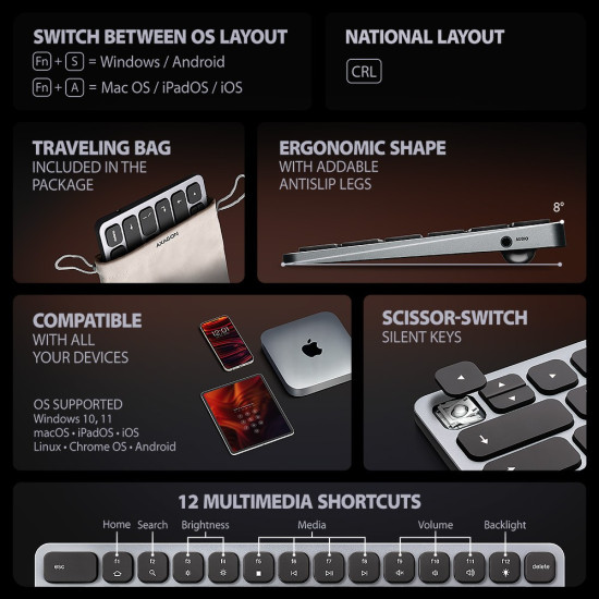 Klawiatura HMC-KB-CRL USB-C 5Gbps z wieloportowy hub 9in1, SD/microSD, 3x USB-A, HDMI 4K/60Hz, PD 100W, Audio, Cyrillic layout, 60cm USB-C kabel