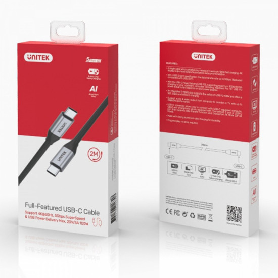 Kabel USB-C - USB-C PD 100W, 5Gbps, 4K60Hz, 2m, M/M; C14091ABK 