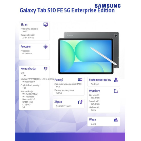 Tablet Galaxy Tab S10 FE X526 10.9 cala 5G 8/128GB Enterprise Edition szary