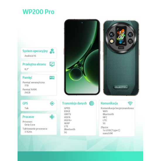 Smartfon WP200 Pro 5G 24GB/1TB IP69K Zielony