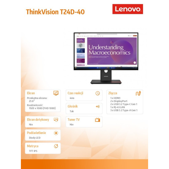 Monitor ThinkVision T24D-40 23.8 cala 64B9GAT1EU