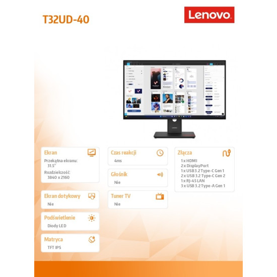 Monitor 31.5 ThinkVision T32UD-40 z kamerą 64B0ZAT1EU