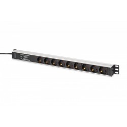 Listwa zasilająca PDU Rack (620mm) z zabezpieczeniem przeciwprzepięciowym + filtr EMI/RFI, 9 gniazd Schuko CEE 7/3 (45°), kabel 2m wtyk Unischuko CEE 