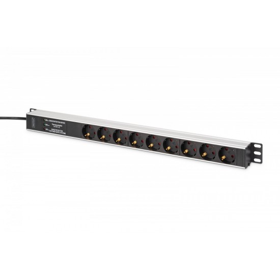 Listwa zasilająca PDU Rack (620mm) z zabezpieczeniem przeciwprzepięciowym + filtr EMI/RFI, 9 gniazd Schuko CEE 7/3 (45°), kabel 2m wtyk Unischuko CEE 