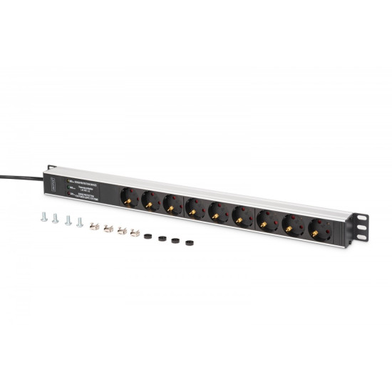 Listwa zasilająca PDU Rack (620mm) z zabezpieczeniem przeciwprzepięciowym + filtr EMI/RFI, 9 gniazd Schuko CEE 7/3 (45°), kabel 2m wtyk Unischuko CEE 