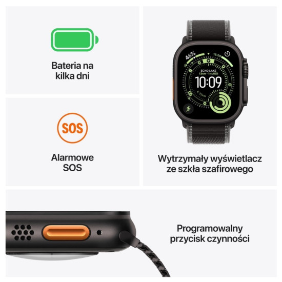 Watch Ultra 3 GPS + Cellular koperta 49 mm z tytanu w kolorze czarnym, opaska Trail w kolorze czarnym/węgla drzewnego - rozmiar M/L