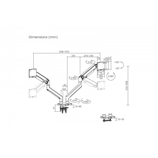 Uchwyt biurkowy podwójny z zaciskiem i sprężyną mechaniczną 2x LCD max. 45