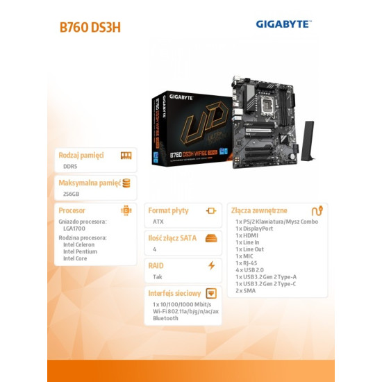 Płyta główna B760 DS3H WF6E GEN5 s17 00 4DDR5 HDMI/DP ATX 