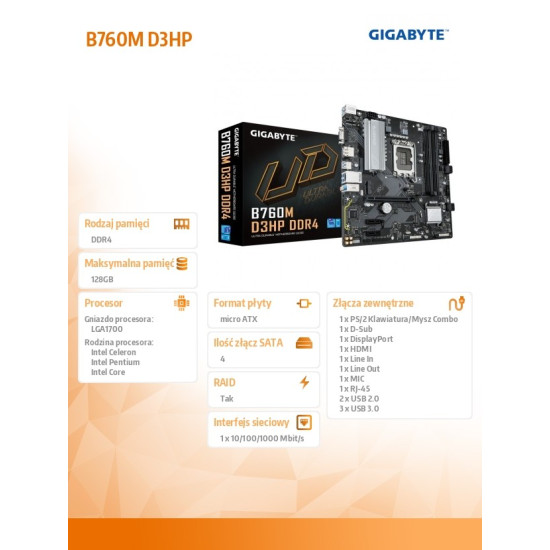 Płyta główna B760M D3HP DDR4 s1700 4DDR4 DSUB/HDMI/DP mATX 