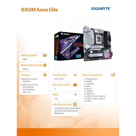Płyta główna B760M AORUS ELITE WiFi6 GEN5 S1700 4DDR5 mATX 