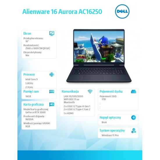 Laptop Alienware 16 Aurora AC16250 Win11Pro C9 270H/16GB/1TB/16.0 WQXGA/GeForce RTX 5060/WLAN + BT/Backlit Kb/6 Cell