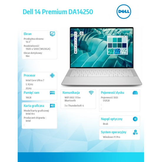 Laptop Dell 14 Premium DA14250 Win11Pro U7-255H|16GB|512GB SSD|Intel Arc |WLAN + BT|14.5