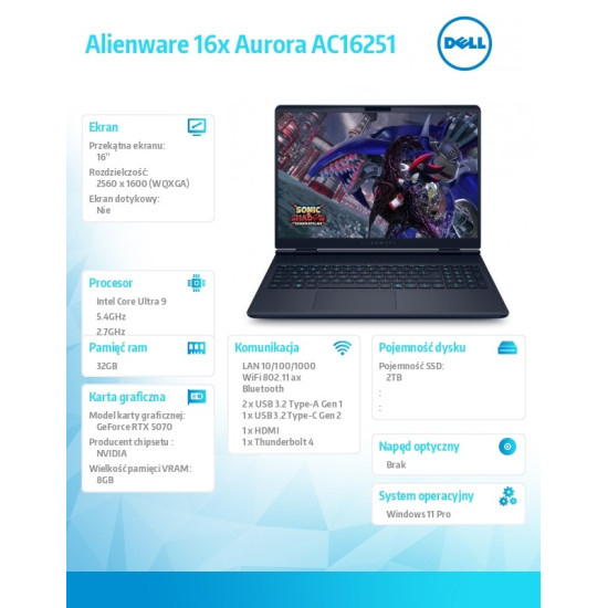 Laptop Alienware 16x Aurora AC16251 Win11Pro C9 275HX/32GB/2TB/16.0 WQXGA/GeForce RTX 5070/WLAN + BT/RGB Backlit Kb/6 Cell/280W