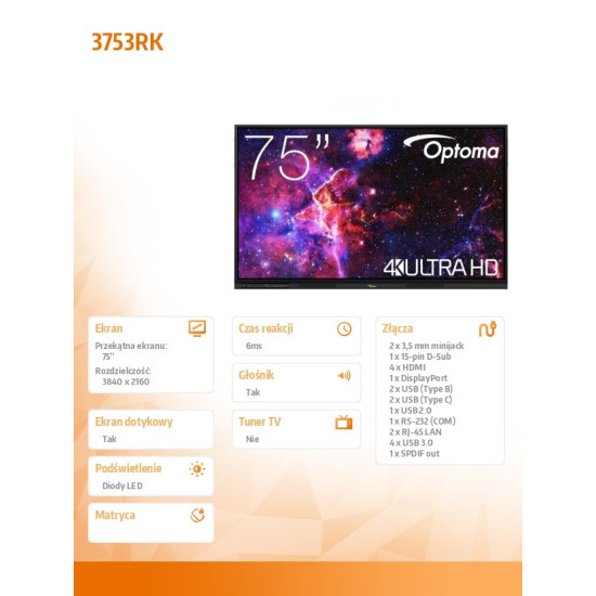 Monitor interaktywny 75 cali IFPD 3753RK H1F0H07BW101 