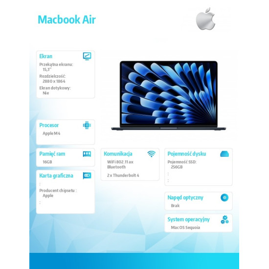 MacBook Air 15.3 cala: M4 10/10, 16GB, 256GB - Północ