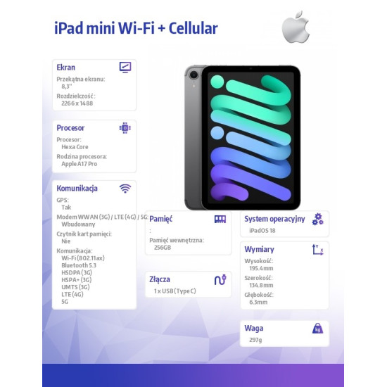 iPad mini Wi-Fi + Cellular 256GB Gwiezdna szarość