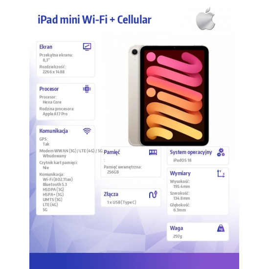 iPad mini Wi-Fi + Cellular 256GB Księżycowa poświata