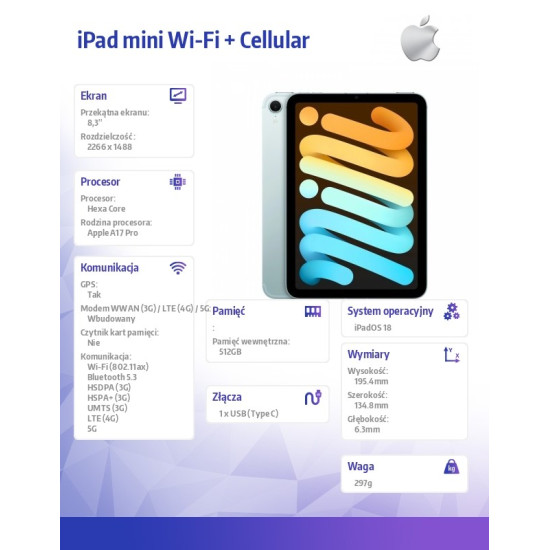 iPad mini Wi-Fi + Cellular 512GB Niebieski