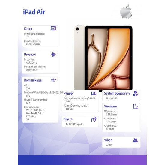 iPad Air 11 cali WiFi + Cellular 128GB Księżycowa poświata
