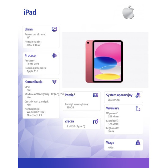 iPad WiFi 11 cali 128GB Różowy
