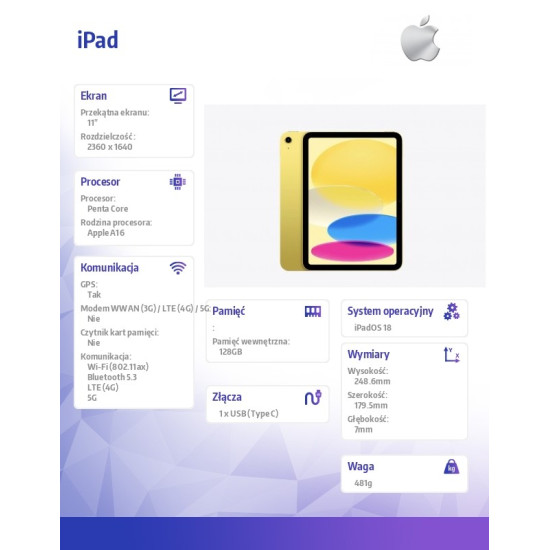 iPad WiFi + Cellular 11 cali 128 GB Żółty