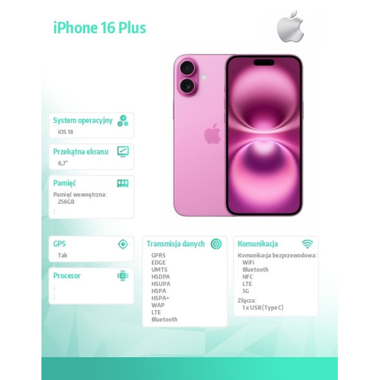iPhone 16 Plus 256GB - Różowy