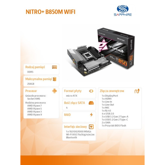 Płyta głóna NITRO+ B850M WIFI AM5 4DDR5 mATX 