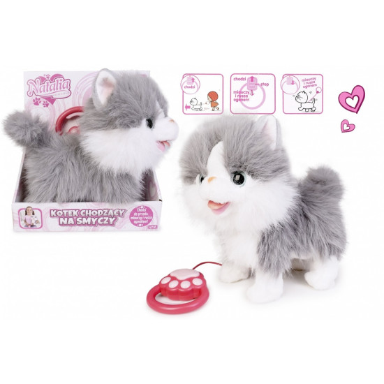 Maskotka interaktywna Kot chodzący na smyczy szaro-biały