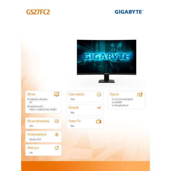 Monitor 27 cali GS27FC2 GAMING FHD 240Hz DP HDMI CURVED