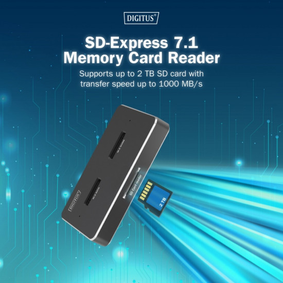 Stacja dokująca USB-C 3.2 Gen2 dla dysków SSD M.2 Duo NVMe oraz SATA (max. 2x 4 TB) z czytnikiem kart SD-Express 7.1 (max. 2 TB), czarna