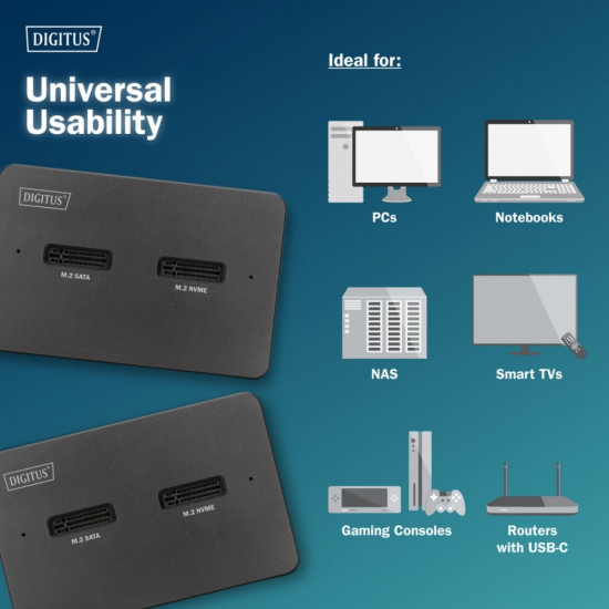 Stacja dokująca USB-C 3.2 Gen2 dla dysków SSD M.2 Duo NVMe oraz SATA (max. 2x 4 TB) z czytnikiem kart SD-Express 7.1 (max. 2 TB), czarna