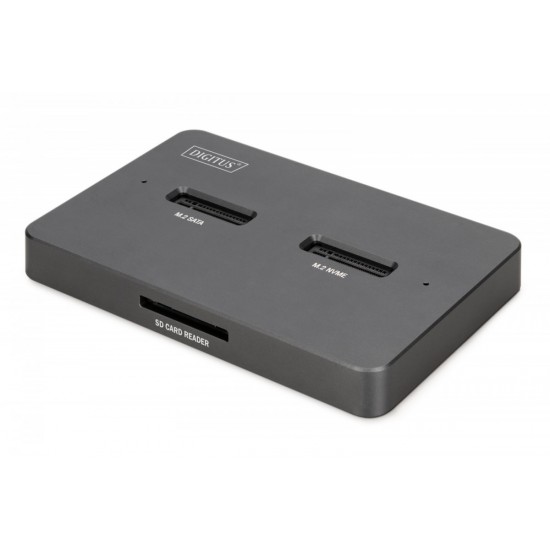 Stacja dokująca USB-C 3.2 Gen2 dla dysków SSD M.2 Duo NVMe oraz SATA (max. 2x 4 TB) z czytnikiem kart SD-Express 7.1 (max. 2 TB), czarna