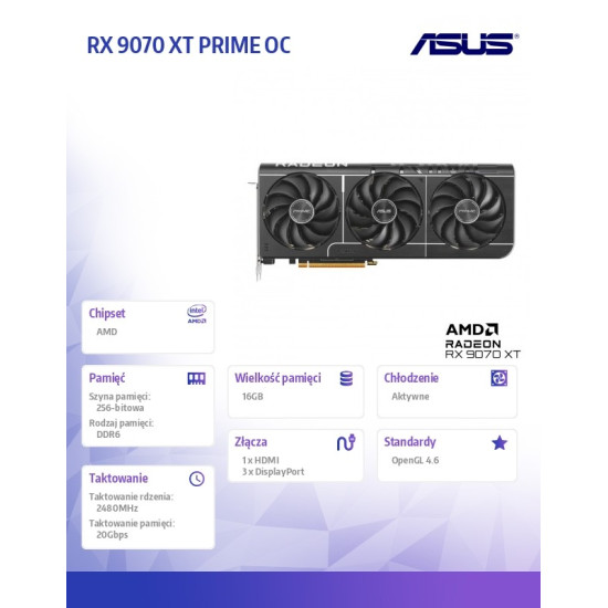 Karta graficzna RX 9070 XT PRIME OC 16 GB GDDR6 256bit DP/HDMI 