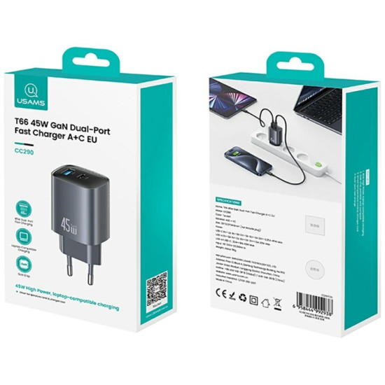 Ĺadowarka sieciowa T66 45W GaN CC290 USB-A + USB-C Fast charge 