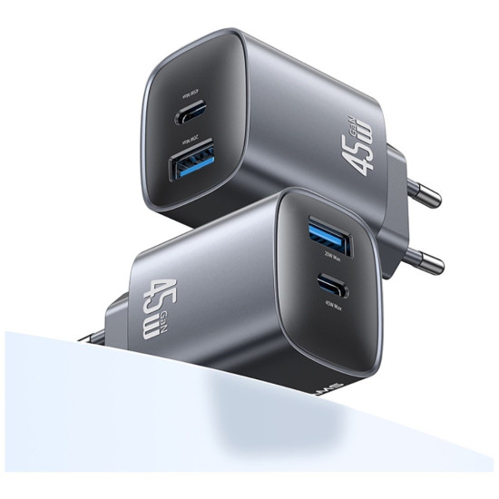 Ĺadowarka sieciowa T66 45W CC290 GaN Fast charge 1xUSB-A 1xUSB-C srebrny 