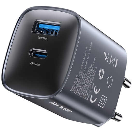 Ĺadowarka sieciowa T66 45W CC290 GaN Fast charge 1xUSB-A 1xUSB-C srebrny 