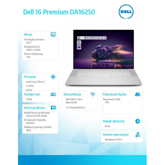 Laptop Dell 16 Premium DA16250 Win11Pro U7-255H|32GB|1TB SSD|NVIDIA GeForce RTX 5060, 8GB GDDR7|WLAN + BT|16.3 OLED TOuch|Backlit Kb|6 Cell