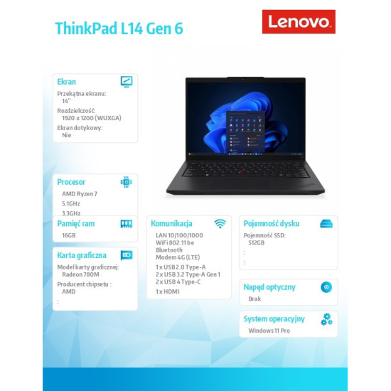 Laptop ThinkPad L14 AMD G6 21S8002UPB W11Pro 7 PRO 250/16GB/512GB/INT/14.0 WUXGA/1YR Premier Support + 3YRS OS + Co2 Offset 
