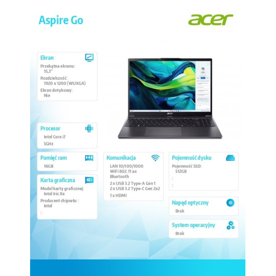 Laptop Aspire Go 15 AG15-51P-78K5 i7-1355U 15.3 WUXGA 16GB  512GB NoOS Szary